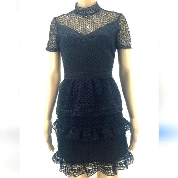 Aqua Dresses & Skirts - $240 Aqua Black mini dress Dotted Lace Mock Neck Tiered A-Line Size M